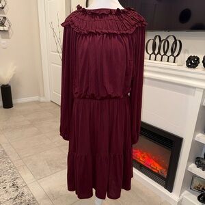 Ann Taylor Burgundy Ruffle-Yoke Long Sleeve Tiered Dress Size LT